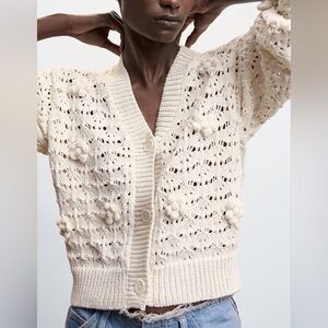 Mango 3D Flower Openwork Knit Crochet Cardigan in Cream White size XL